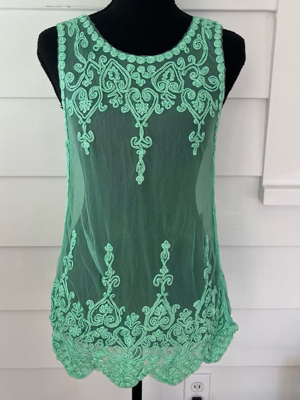 Y2K deadstock Fairycore Lace Banana Mint Green Embroidered Sheer Tank